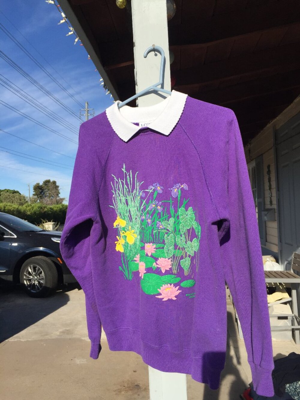 Vtg 90s MORNING SUN Floral 3D Puff Print Collared Sweatshirt - Made in USA - L